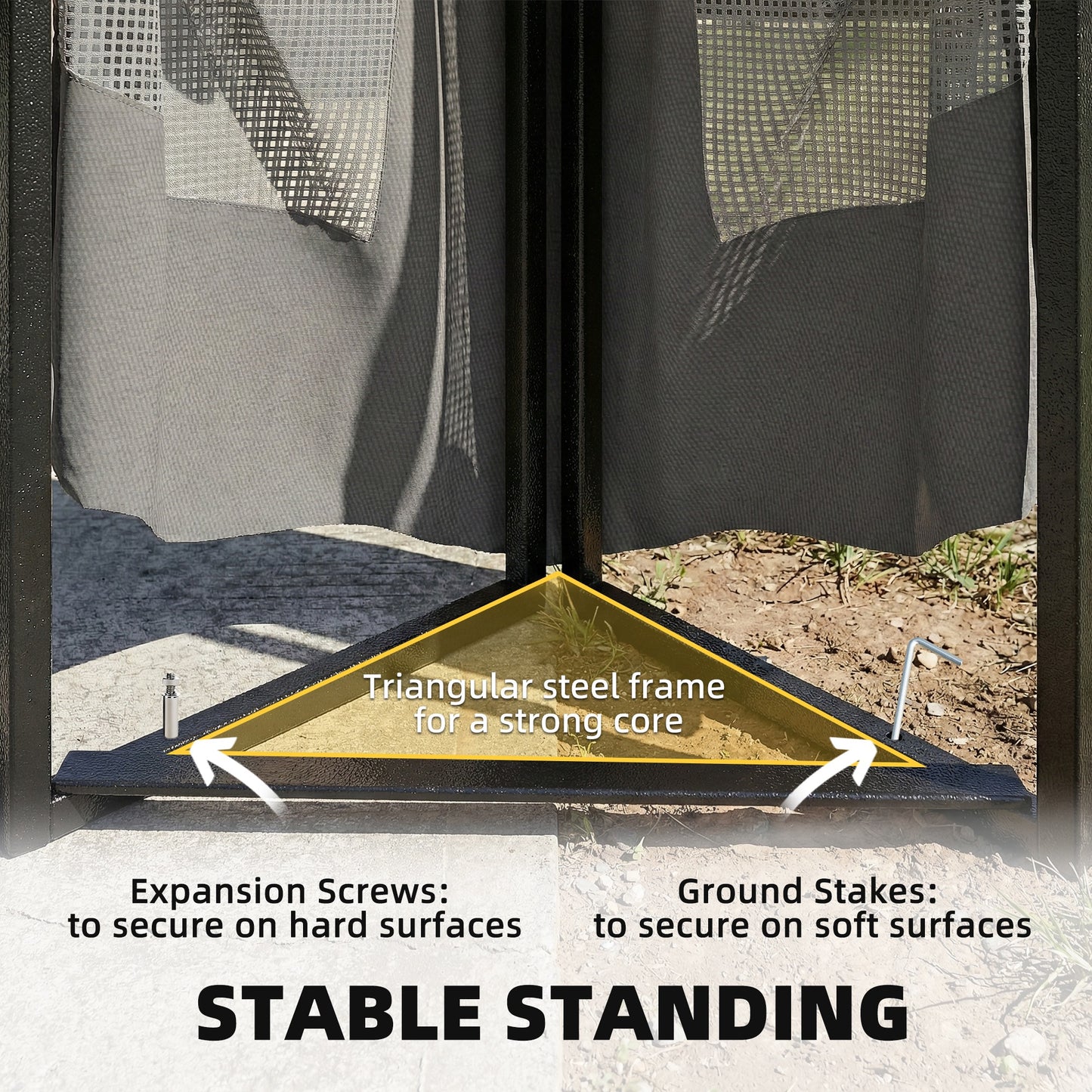 3.3x3.3m Garden Gazebo | Double-Tier UPF50+ Roof | 4 Mesh Panels | Triangular Powder-Coated Metal Frame | Corner Shelves | Roof Drainage Holes | Expansion Screws & Ground Stakes | Ceiling Hook | Dark Grey