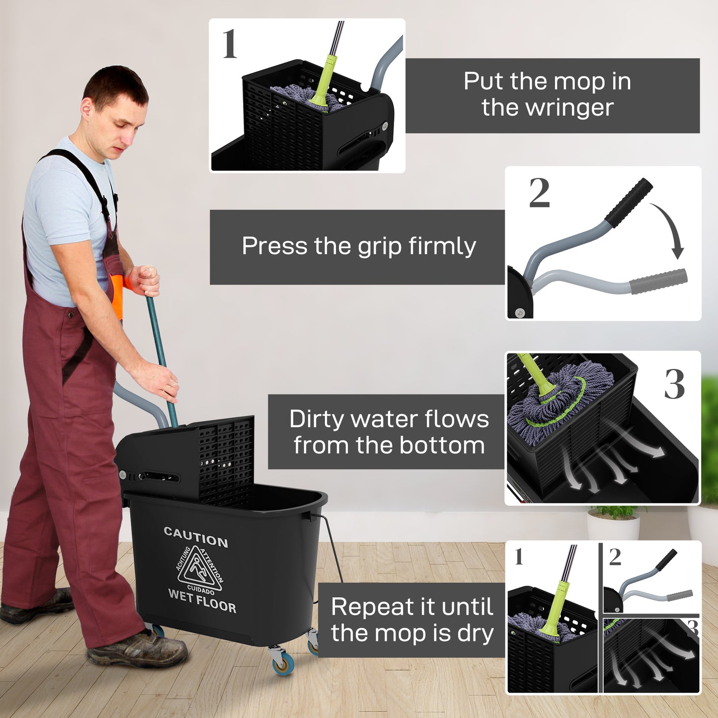 20L Mop Bucket with Wringer and Handle, Mop Bucket on Wheels for Floor Cleaning, Separate Dirty and Clean Water, Black
