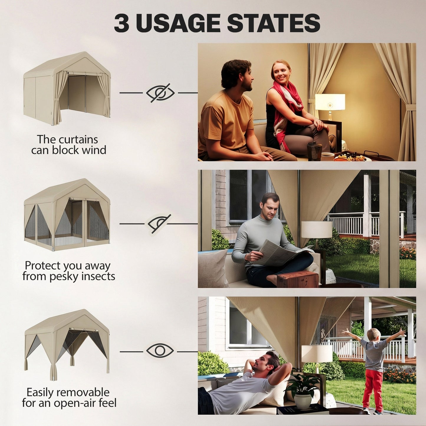 3x3m Patio Gazebo with Netting & Curtains | Dual-Layer Sidewalls | Mesh Apex Roof UV30+ | PVC-Coated Fabric | Flexible 4-Entry Door System | Galvanised Steel Frame | Windproof Level 4-6 | Snow Rated | Khaki