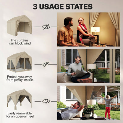 3x3m Patio Gazebo with Netting & Curtains | Dual-Layer Sidewalls | Mesh Apex Roof UV30+ | PVC-Coated Fabric | Flexible 4-Entry Door System | Galvanised Steel Frame | Windproof Level 4-6 | Snow Rated | Khaki