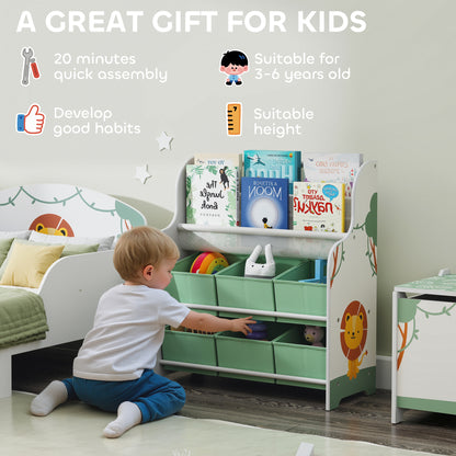 Kids Storage Unit with 6 Fabric Drawers & 2-Tier Sling Book Rack – Star Pattern, Rounded Corners, EN71 Tested, For Bedroom, Playroom & Nursery – Green