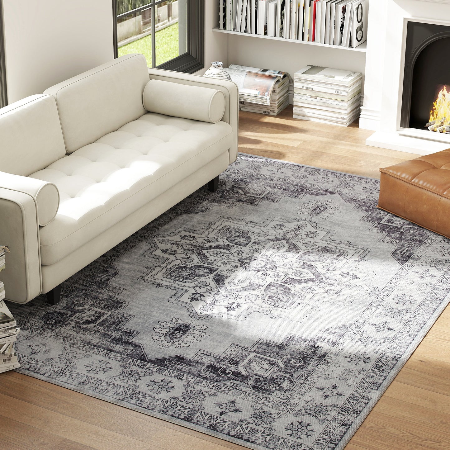 Vintage Floral Area Rug | Machine Washable | Soft Flannel 100% Polyester | TPR Non-Slip Backing | Foldable | 290x200cm | Grey | Living Room Bedroom Dining Room Home Office