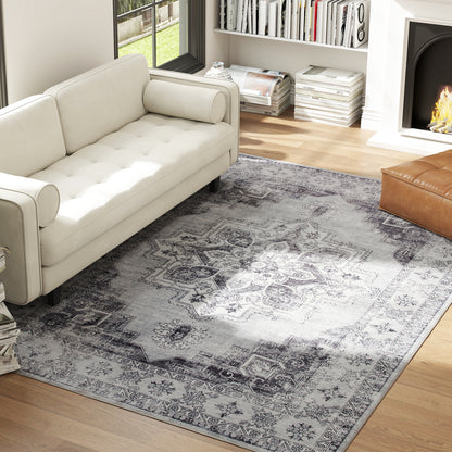 Vintage Floral Area Rug | Machine Washable | Soft Flannel 100% Polyester | TPR Non-Slip Backing | Foldable | 290x200cm | Grey | Living Room Bedroom Dining Room Home Office