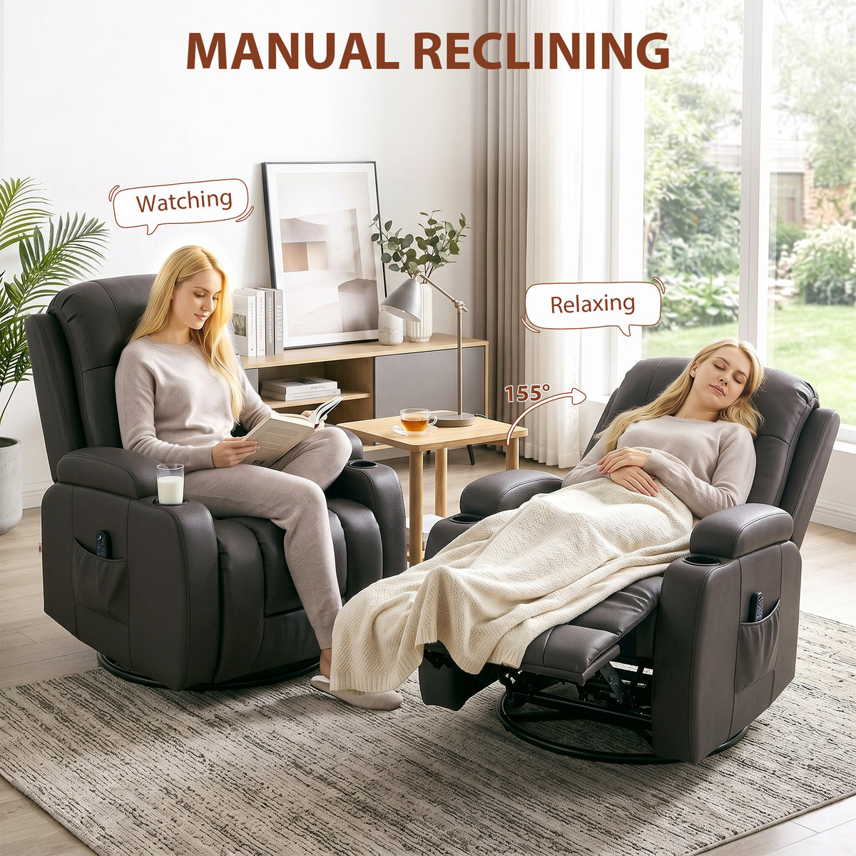 Massage Recliner Armchair | PU Leather | 8-Point Vibrating Massage | Lumbar Heat | 3 Modes & 3 Levels | Remote Control | 150° Recline | Swivel & Rocking | 2 Cup Holders & Pockets | 135kg | Dark Brown