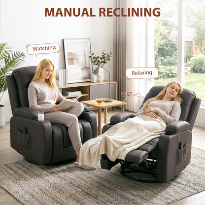 Massage Recliner Armchair | PU Leather | 8-Point Vibrating Massage | Lumbar Heat | 3 Modes & 3 Levels | Remote Control | 150° Recline | Swivel & Rocking | 2 Cup Holders & Pockets | 135kg | Dark Brown