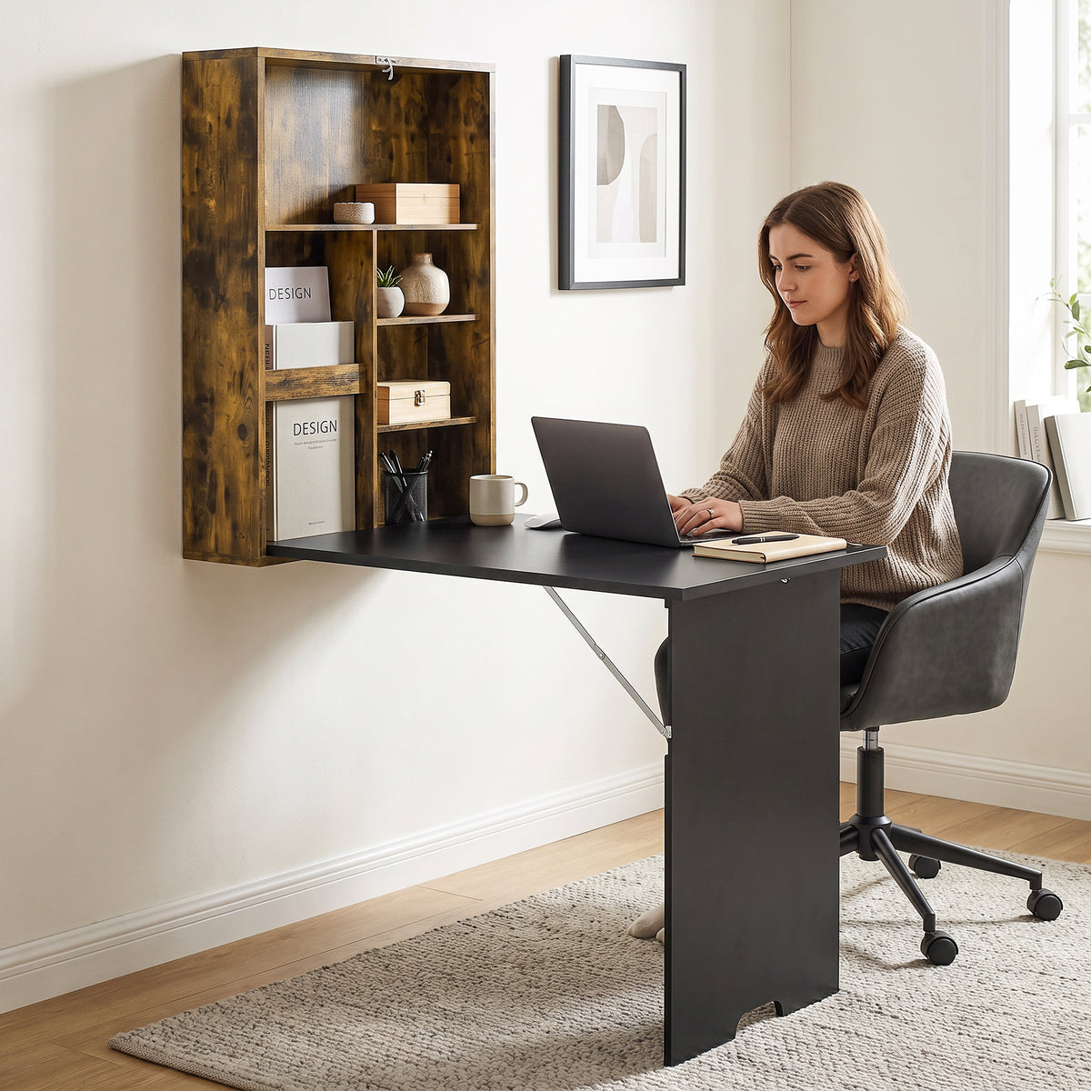 Wall-Mounted Folding Drop-Leaf Desk with Chalkboard & Storage Shelves | 78x56.5cm Tabletop | Folds to 16cm Deep | 20kg Tabletop Capacity | MDF | Rustic Brown & Black | 60x94.5x147cm Open