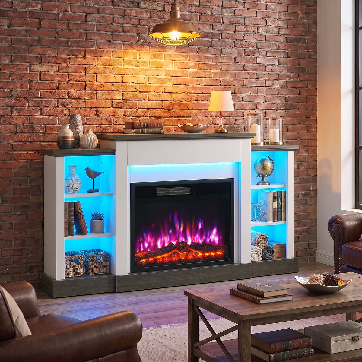 138cm Electric Fireplace TV Stand | 6 Shelves, RGB LED Lighting & 12 Flame Colours | 900/1800W, Thermostat, Remote & Timer | White/Dark Brown