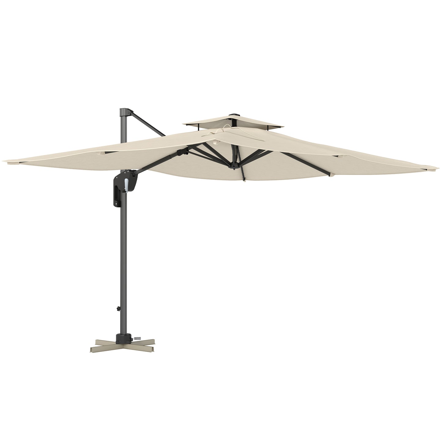3.7 x 2.7 m Cantilever Parasol w/ 360° Rotation and Easy Tilt Adjustment, Aluminium Hanging Offset Outdoor Umbrella w/ Double Top and Cross Base, UPF50+ Hanging Sun Shade