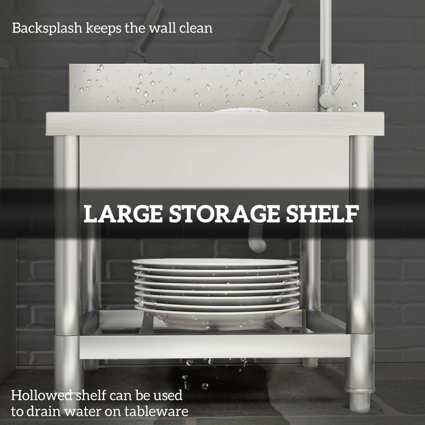 Outdoor Utility Sink, Free Standing Single Bowl Kitchen Sink with Cold and Hot Water Pipe and Storage Shelf for Laundry Garage, Silver Tone