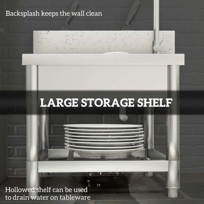 Outdoor Utility Sink, Free Standing Single Bowl Kitchen Sink with Cold and Hot Water Pipe and Storage Shelf for Laundry Garage, Silver Tone