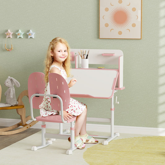 AIYAPLAY Height Adjustable Kids Desk and Chair Set, Children School Study Desk with Tiltable Desktop, Reading Rack