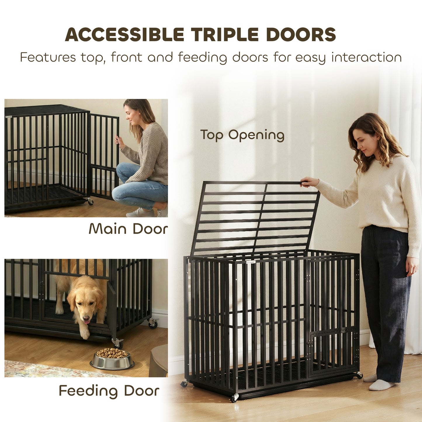 Heavy Duty Dog Crate with Wheels | 3-Door Access | Removable Tray | Top Playpen Opening | Medium & Large Dogs up to 30kg | Black