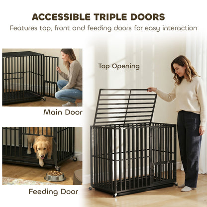 Heavy Duty Dog Crate with Wheels | 3-Door Access | Removable Tray | Top Playpen Opening | Medium & Large Dogs up to 30kg | Black