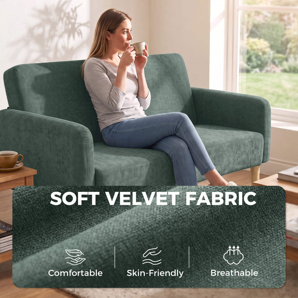 2 Seater Sofa | Dark Green Velvet-Feel Small Couch, 20cm Cushions & 240kg Capacity