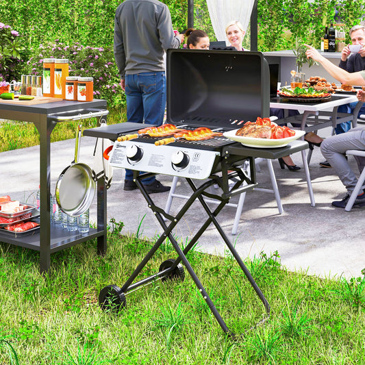 Foldable Gas BBQ with Side Tables, 2 Burner Portable Gas Barbecue Grill with Thermometer Lid Grease Tray Wheels, Folding Trolley for Garden Party