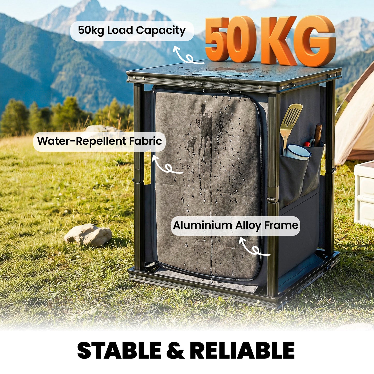 Folding Camping Kitchen Unit | 3 Shelves & 4 Pockets | Zip Cupboard | Adjustable Feet | 50kg | Carry Bag | Black