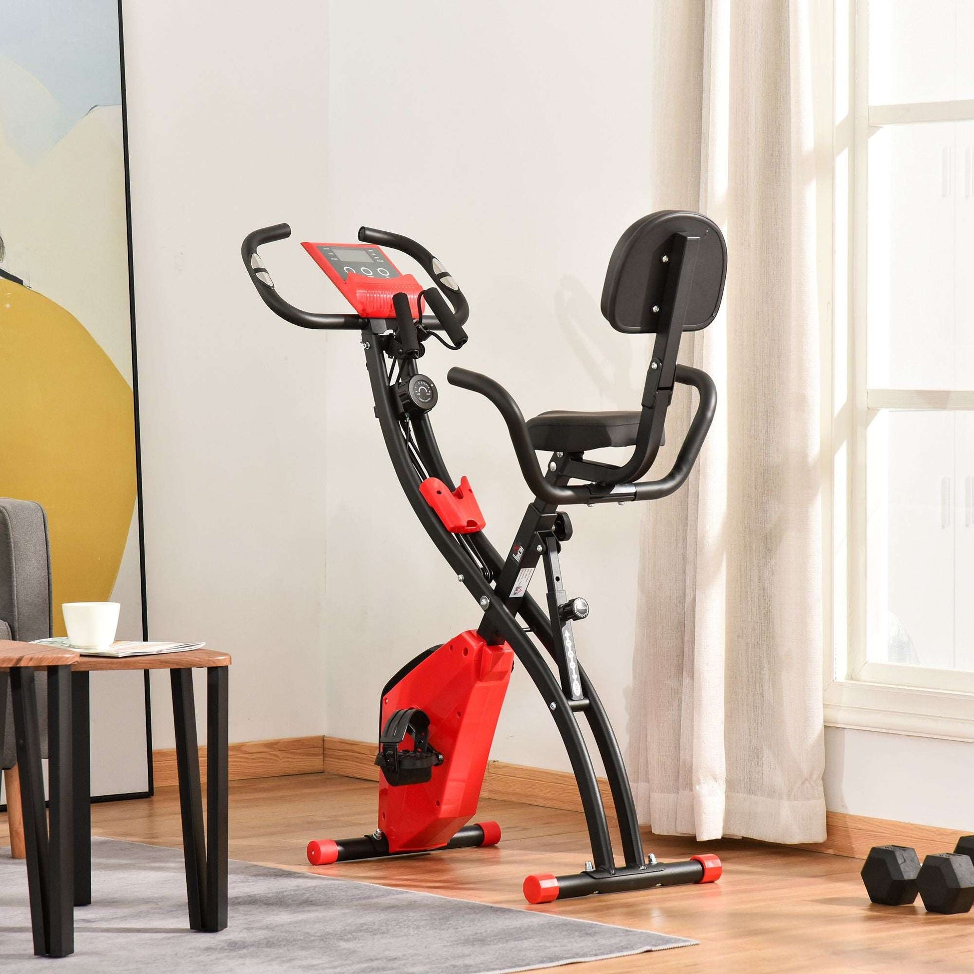 2-In-1 Upright Exercise Recumbent Bike Adjustable Resistance Stationary Fitness Home Gym Foldable w/ Armrests LCD Monitor Cycling Wheels Red