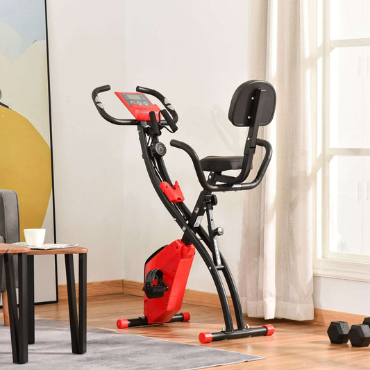 2-In-1 Upright Exercise Recumbent Bike Adjustable Resistance Stationary Fitness Home Gym Foldable w/ Armrests LCD Monitor Cycling Wheels Red