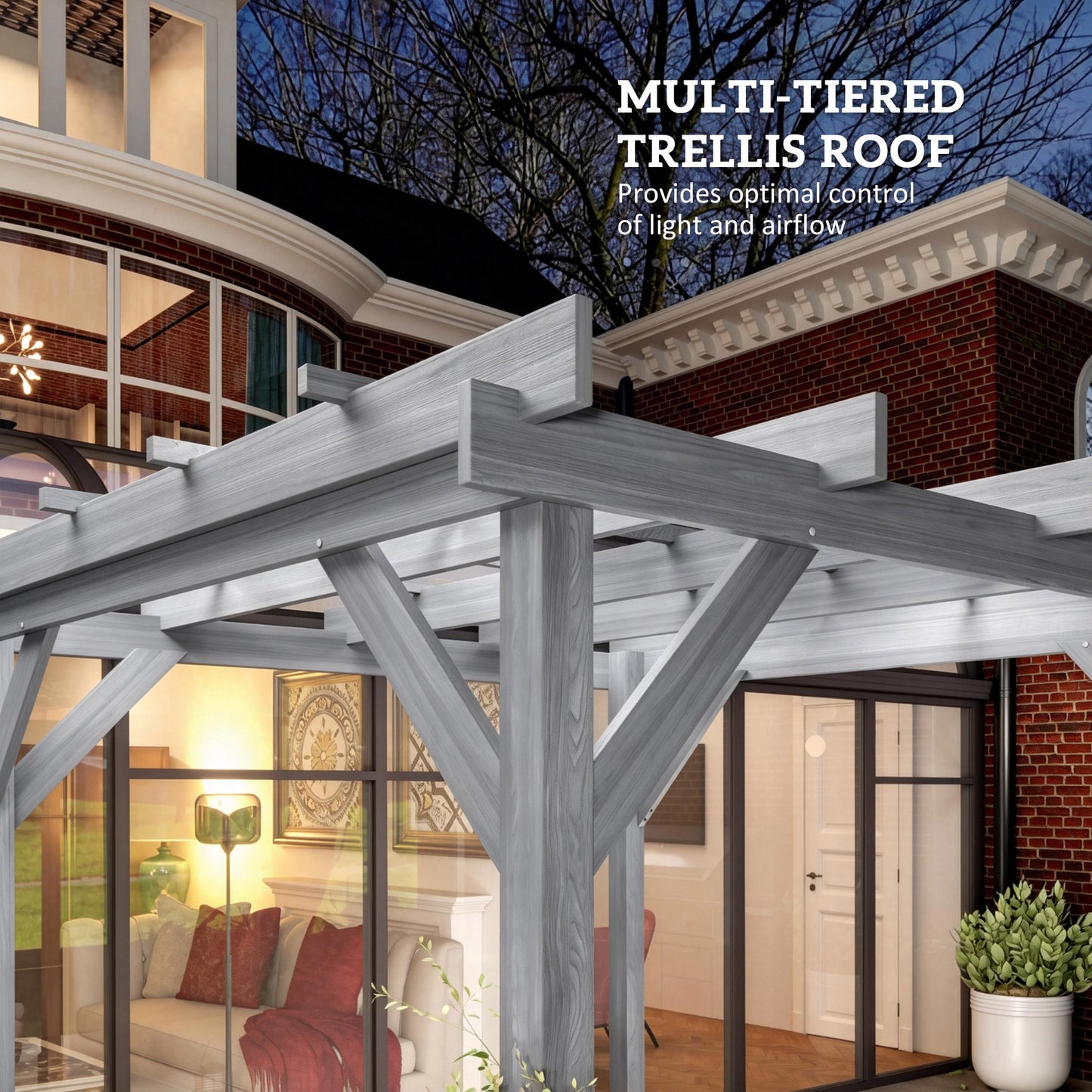 2x2m Wooden Garden Pergola | Fir Wood | Climbing Plants | Anchor Bolts | Windproof Level 6-7 | Grey