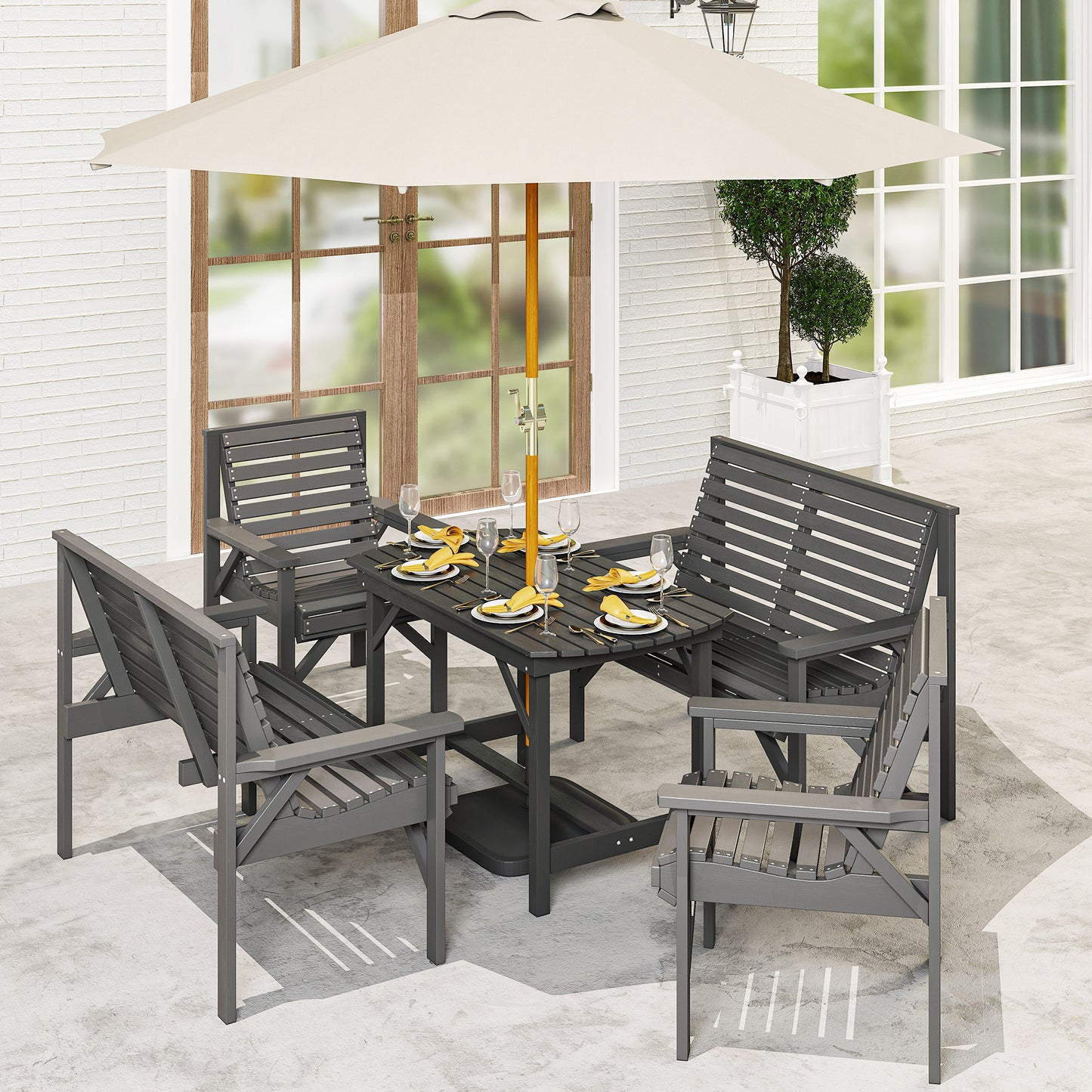 5 Piece Wooden Garden Dining Set for 6, Outdoor Conversation Set with 2 Armchairs, 2 Loveseats and Dining Table with Umbrella Hole for Patio, Balcony, Grey