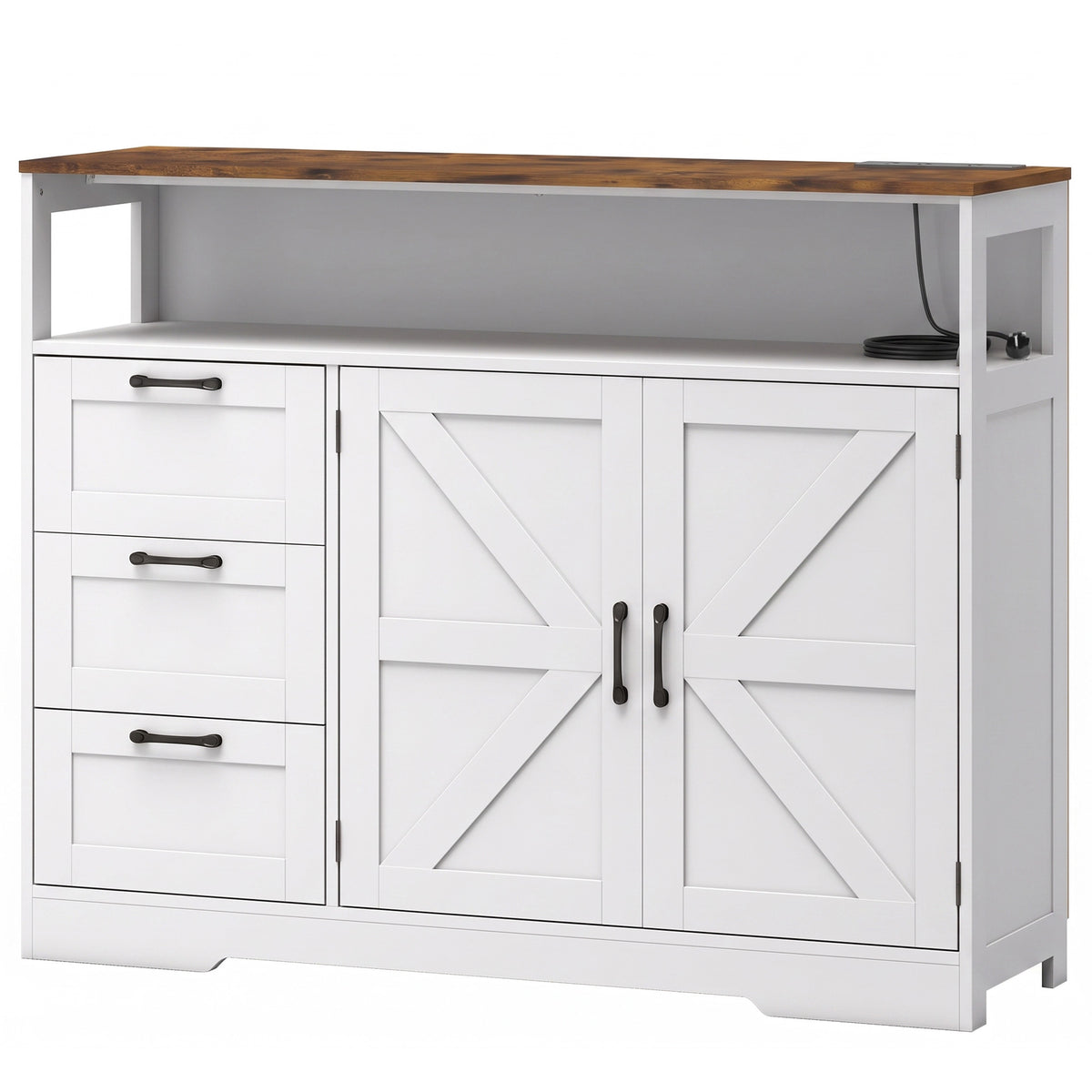 Farmhouse Sideboard with Built-In Charging Station | 2 AC Outlets USB USB-C | 3 Drawers | Adjustable Cabinet Shelf | Open Shelf | 120x35x95cm | 55kg | Melamine | TV Stand to 42in | Grey