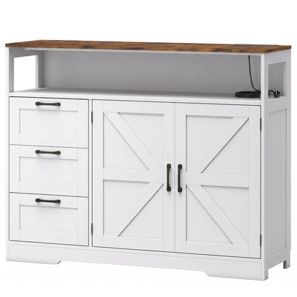 Farmhouse Sideboard with Built-In Charging Station | 2 AC Outlets USB USB-C | 3 Drawers | Adjustable Cabinet Shelf | Open Shelf | 120x35x95cm | 55kg | Melamine | TV Stand to 42in | Grey