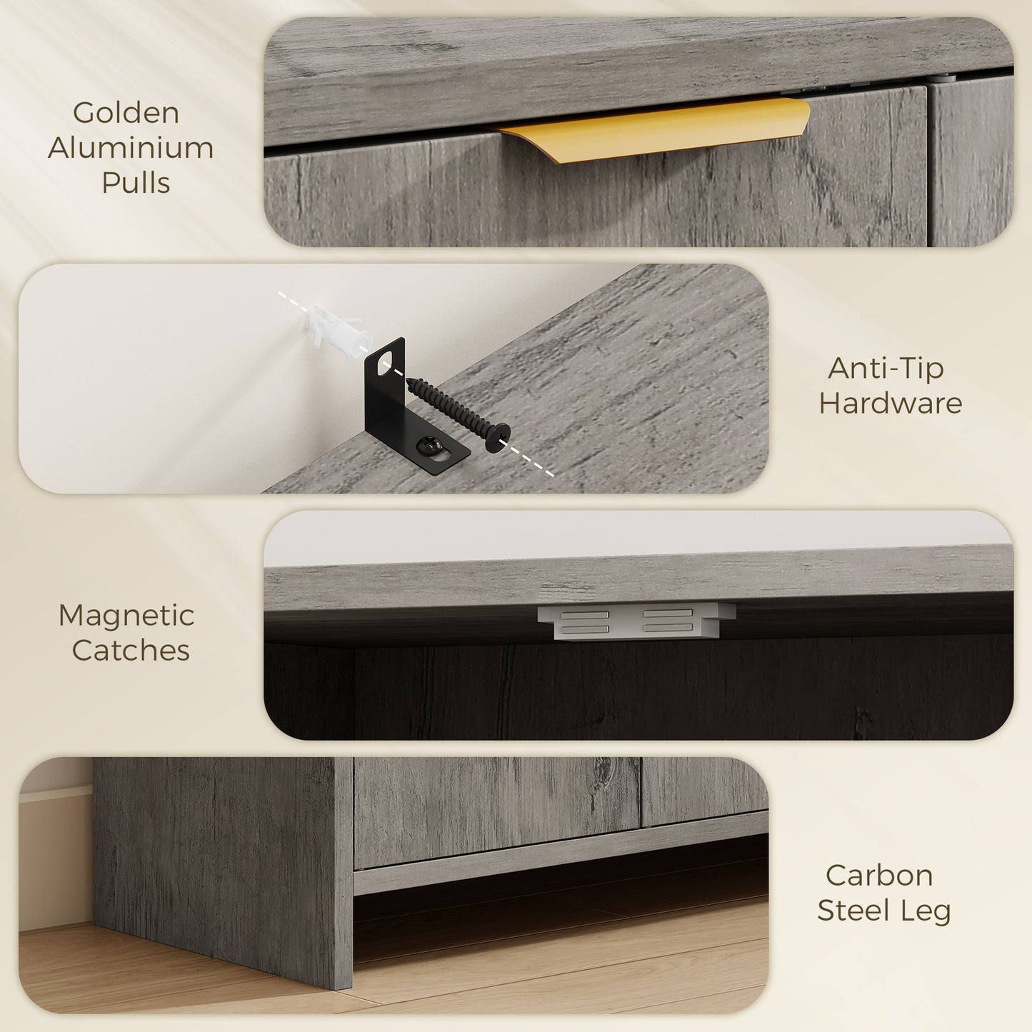 Modern Sideboard Cabinet | 3 Doors | Adjustable Shelves | Gold Handles | Anti-Tip Kit | 40kg | Living Room & Dining Room | Grey
