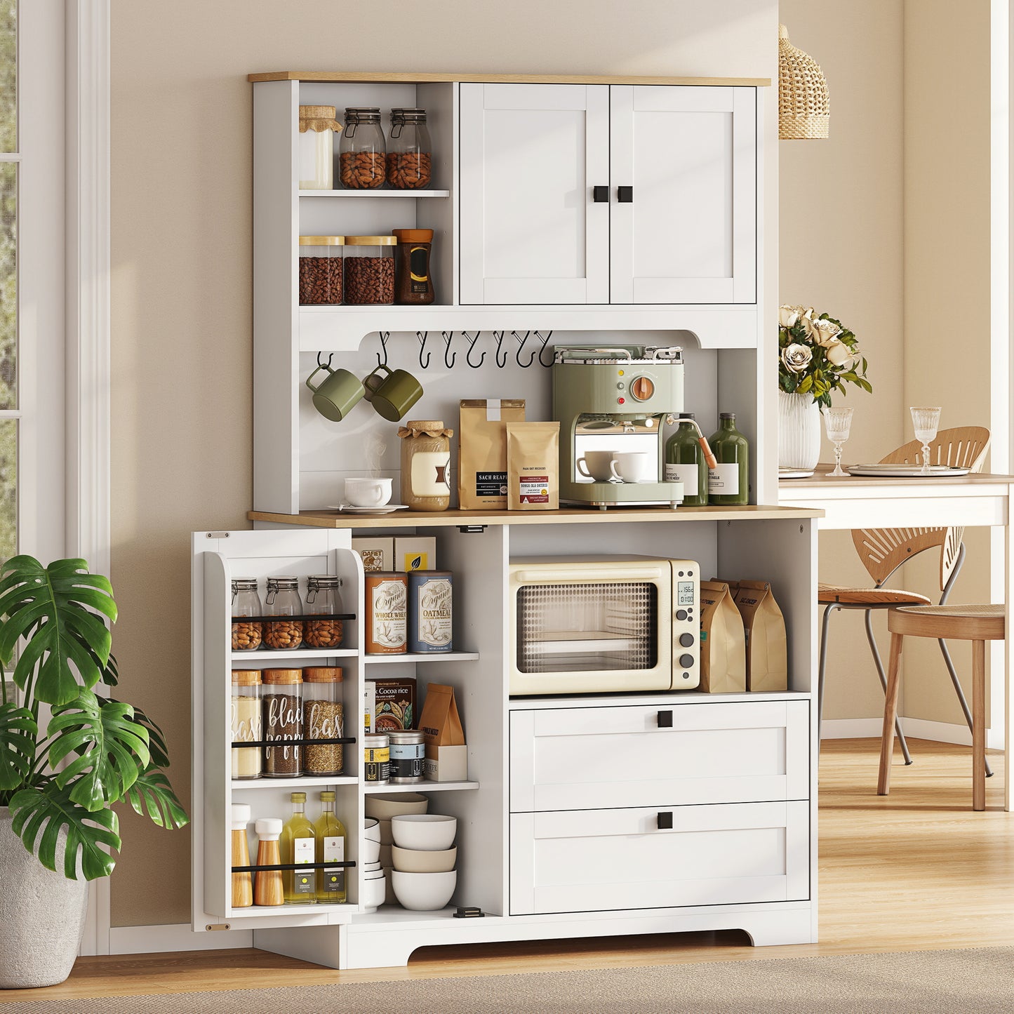 Freestanding Kitchen Cupboard | 2 Cabinets | 2 Drawers | 3 Door Racks | Adjustable Shelves | 8 Mug Holders | 106kg | White