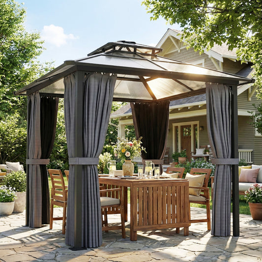 2.5x2.5m Hardtop Gazebo | 6mm Polycarbonate Roof | Drainage Gutters | Curtains & Mesh | Ceiling Hook | Dark Grey