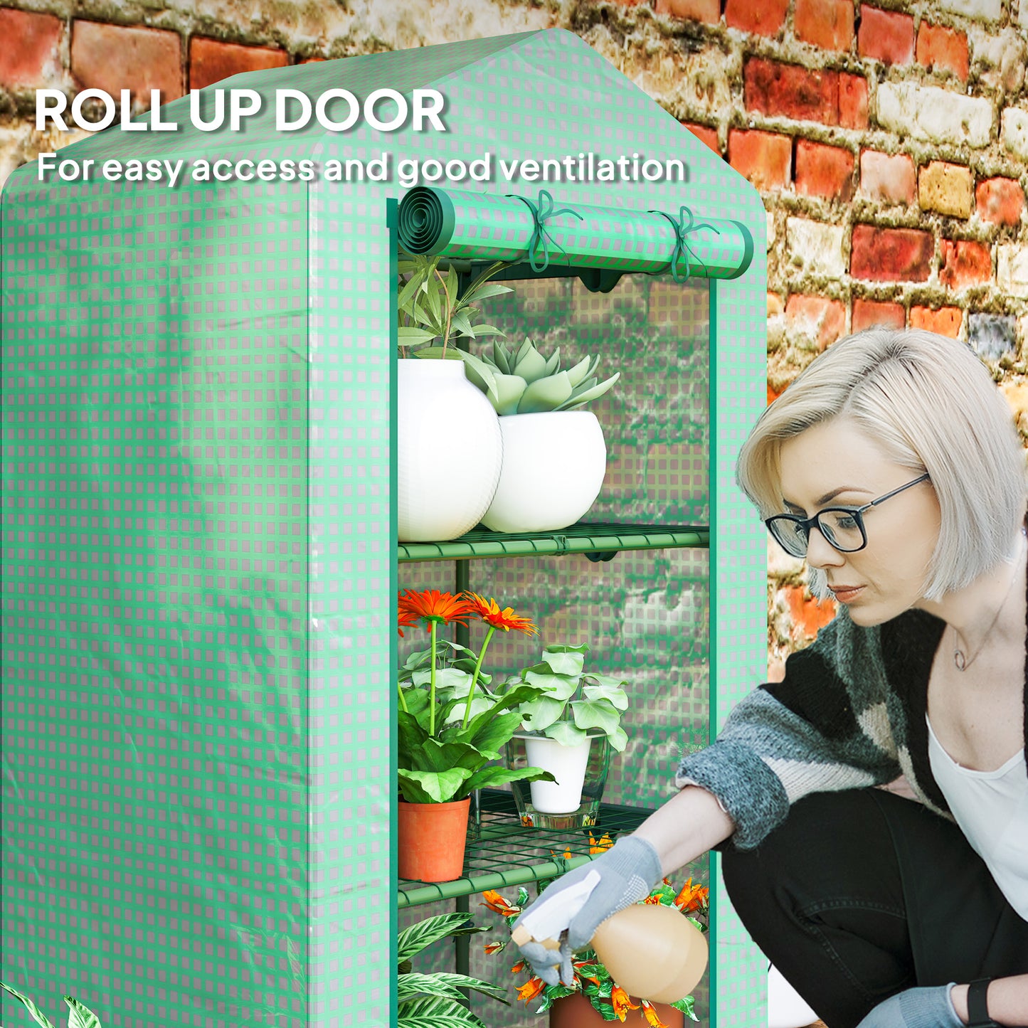3 Tier Mini Greenhouse Portable Garden Grow House with Roll Up Door and Wire Shelves, 69 x 49 x 125 cm, Green
