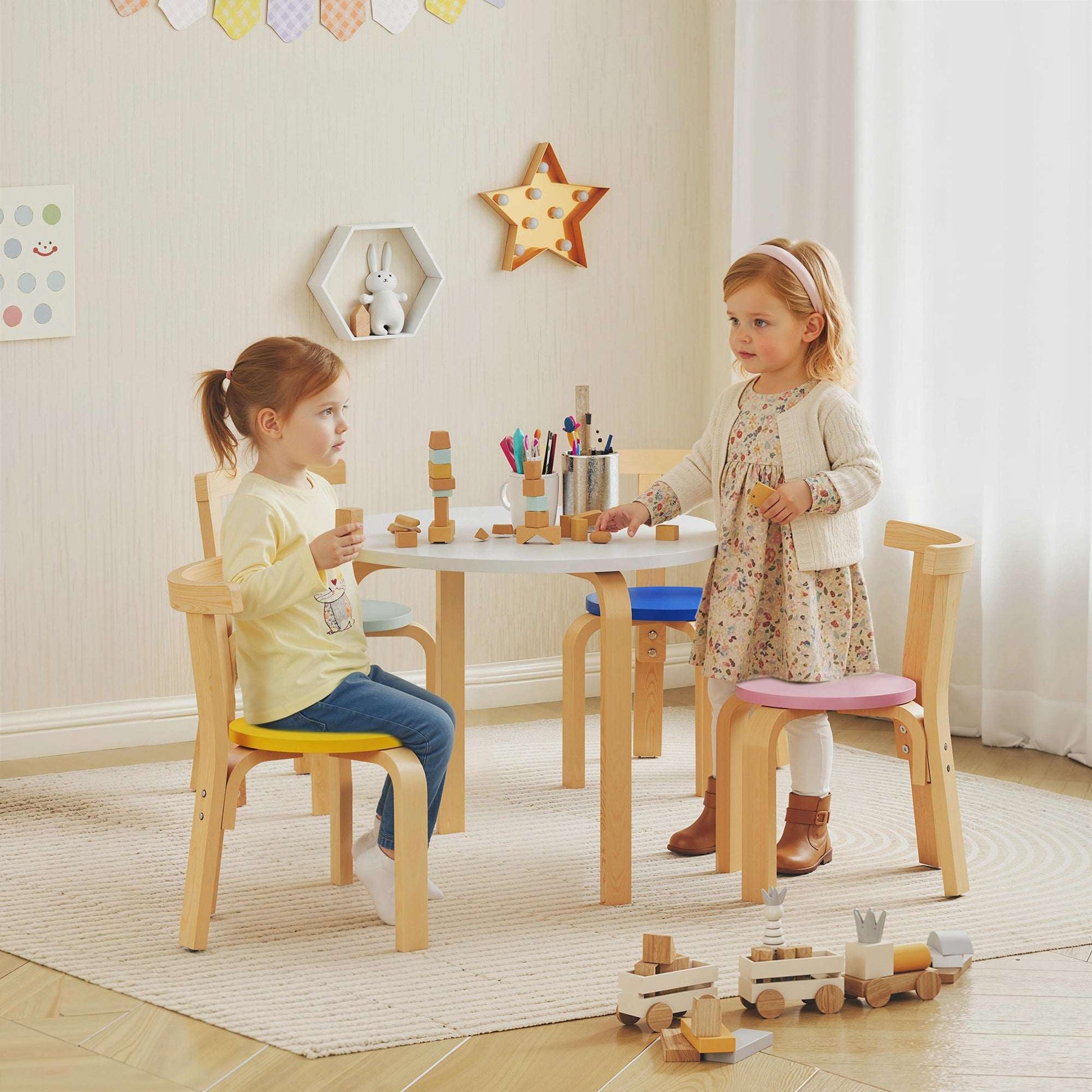 5-Piece Kids Table & 4 Chairs Set | Solid Poplar Wood | Rounded Edges | Easy-Clean Surface | EN71 Safety Certified | Ages 3-8 | 60x60x50cm Table | Multicolour