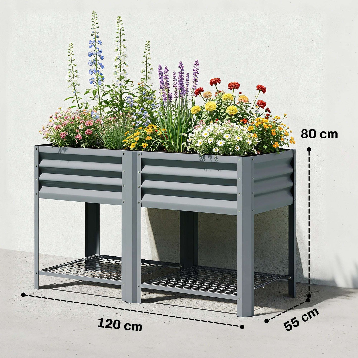 Outsunny Raised Garden Bed with Storage Shelf Steel Elevated Planter Box with Legs for Outdoor Vegetables Flowers