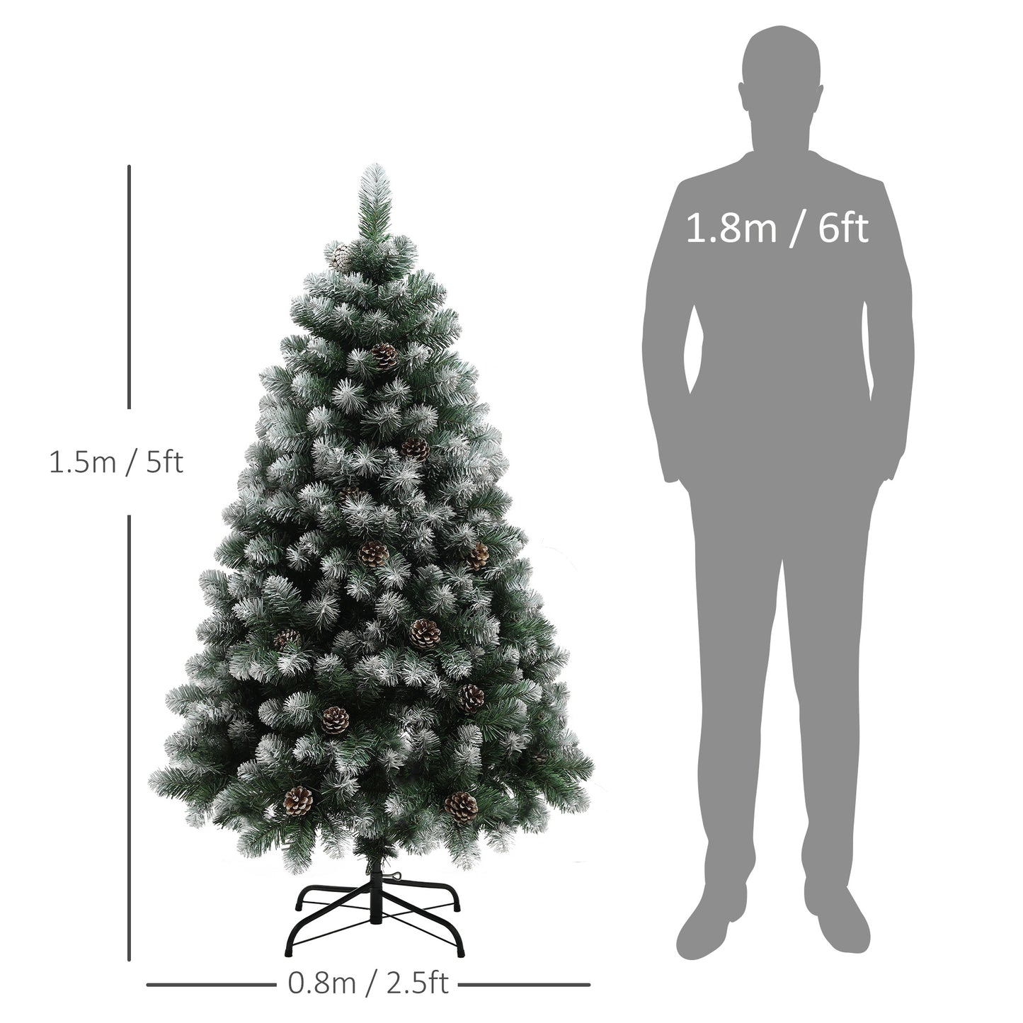 5ft Artificial Pine Christmas Tree with 489 Branch Tips and Steel Base, Realistic Hinged Tree with Pinecones, Holiday Décor for Home Office, Green