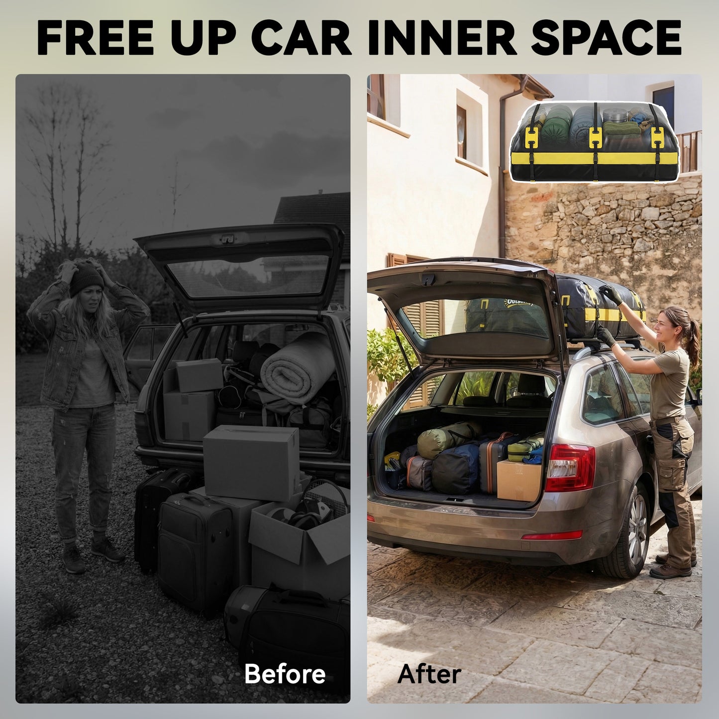 Car Roof Bag | 21 Cu Ft | 500D Waterproof | 7 Straps | No Roof Rack Needed | Reflective | Combination Lock | Yellow