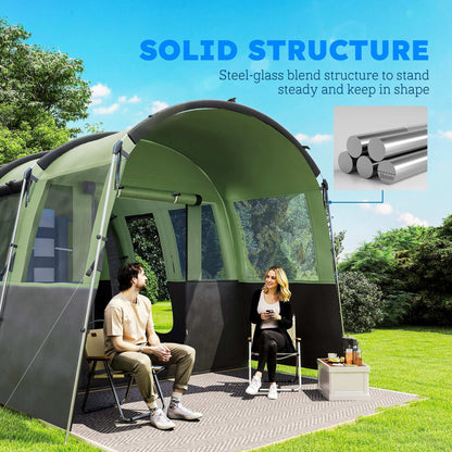 8-Person Camping Tent, Waterproof Family Tent, Tunnel Design, 4 Large Windows, Sleeping Cabins 3000mm Water Column Green - Blue