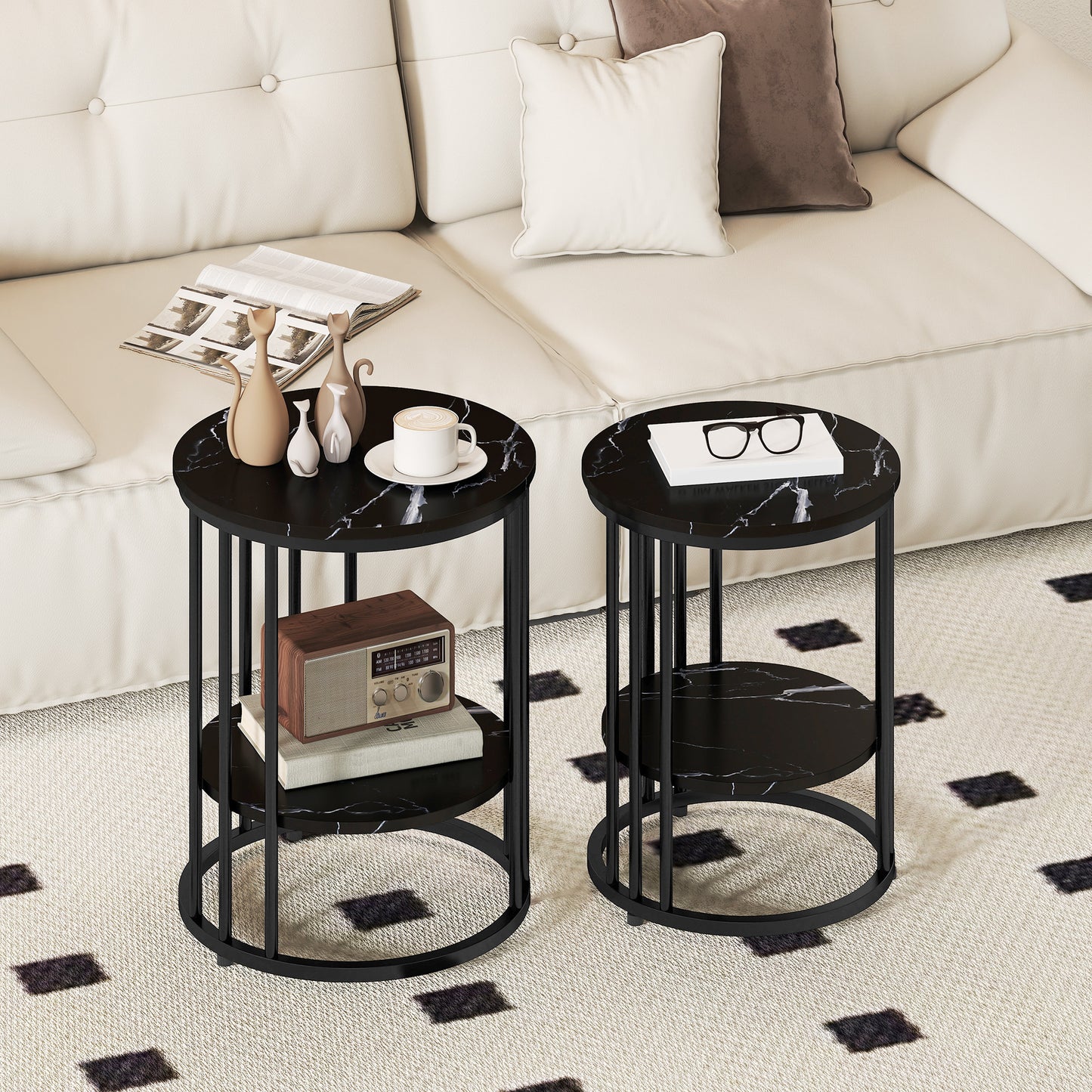 Set of 2 Marble-Effect Nest of Coffee Tables | 2-Tier Each | Adjustable Feet | Steel Frame | 45kg | Use Together or Separately | Black