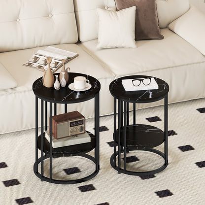 Set of 2 Marble-Effect Nest of Coffee Tables | 2-Tier Each | Adjustable Feet | Steel Frame | 45kg | Use Together or Separately | Black