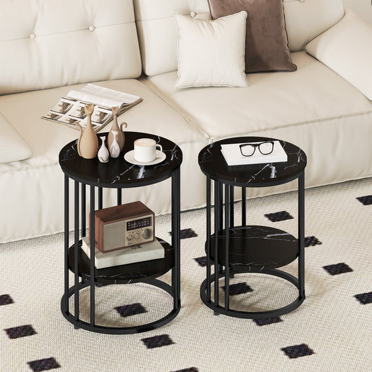 Set of 2 Marble-Effect Nest of Coffee Tables | 2-Tier Each | Adjustable Feet | Steel Frame | 45kg | Use Together or Separately | Black