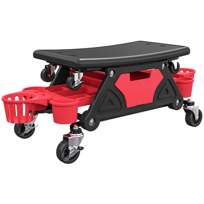 Rolling Mechanic Stool, 135kg Capacity Workshop Stool with 360° Swivel Wheels, Roller Creeper Seat with Slide Out Tool Trays, Drawer, Bottle Holders for Garage, Shop, Auto Repair