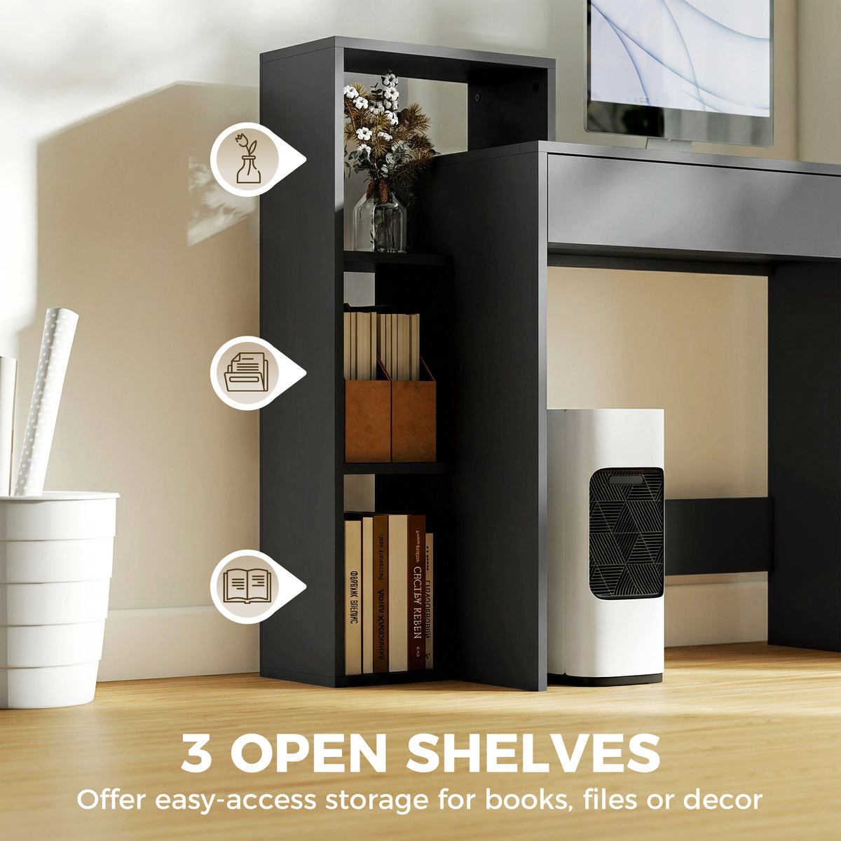 Compact Computer Desk with Storage | Wide Drawer & 3 Open Side Shelves | Black Study Workstation with Melamine Finish | 100W × 40D × 90Hcm