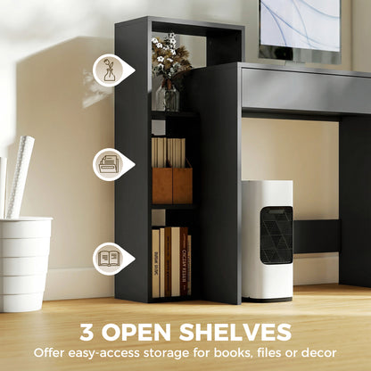 Compact Computer Desk with Storage | Wide Drawer & 3 Open Side Shelves | Black Study Workstation with Melamine Finish | 100W × 40D × 90Hcm