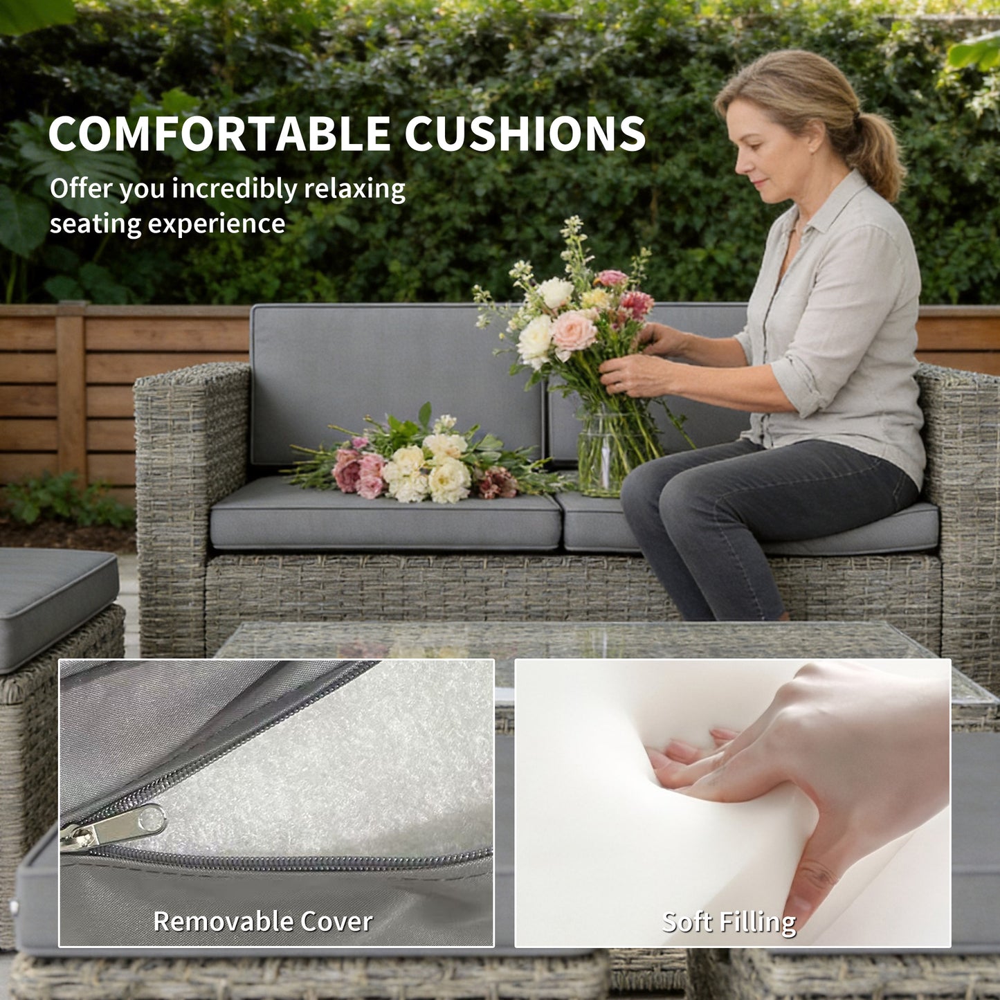 6 Piece Nesting Rattan Garden Furniture Set | Loveseat | 2 Armless Chairs | 2 Footstools | Coffee Table | Tempered Glass | PE Wicker | Powder-Coated Steel | Washable Cushions | Dark Grey