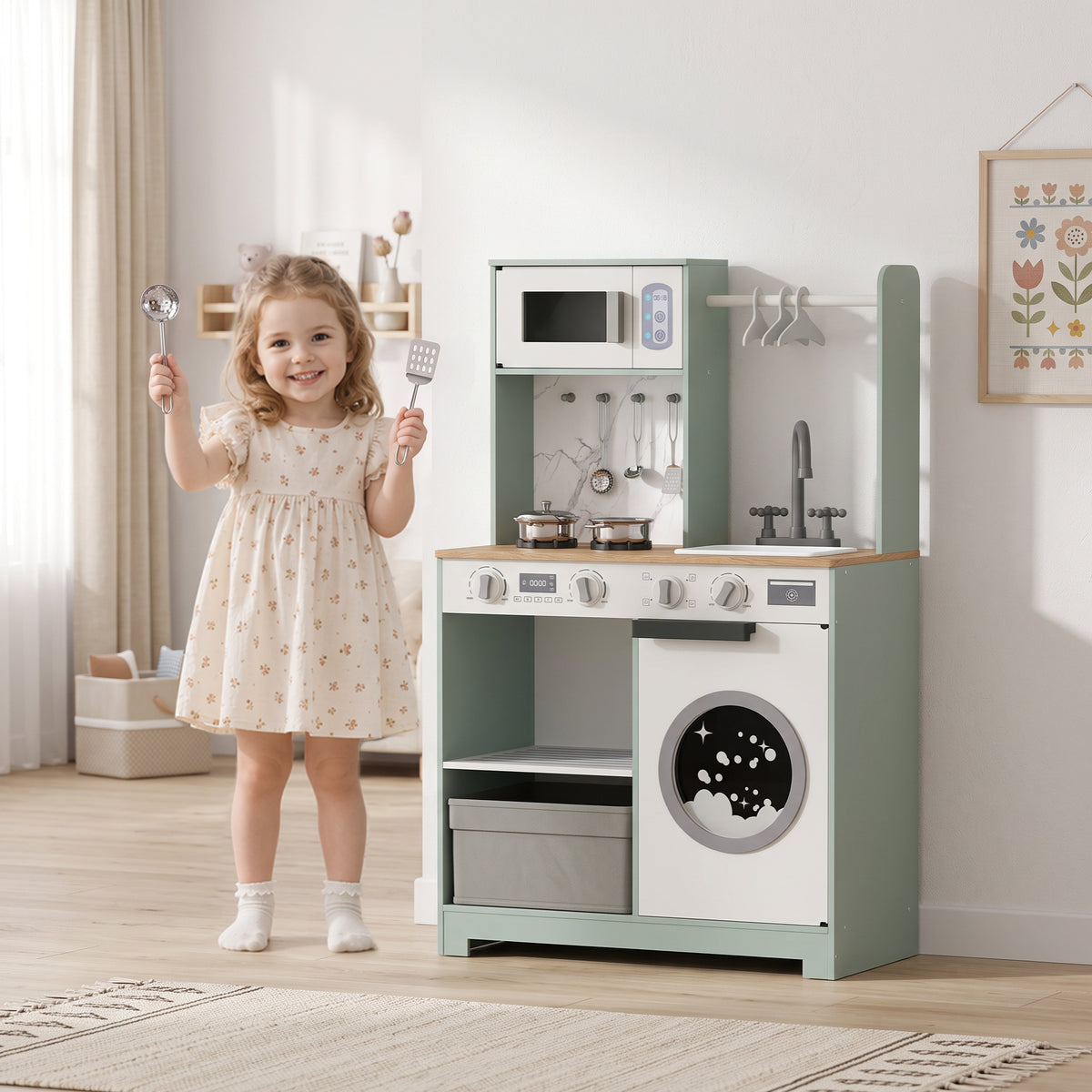 Kids Play Kitchen Playset | Stove, Sink, Microwave & Laundry | Sound Knobs | Ice Maker | 5-Piece Accessories | Ages 3–6 | Green