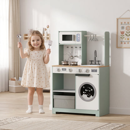 Kids Play Kitchen Playset | Stove, Sink, Microwave & Laundry | Sound Knobs | Ice Maker | 5-Piece Accessories | Ages 3–6 | Green