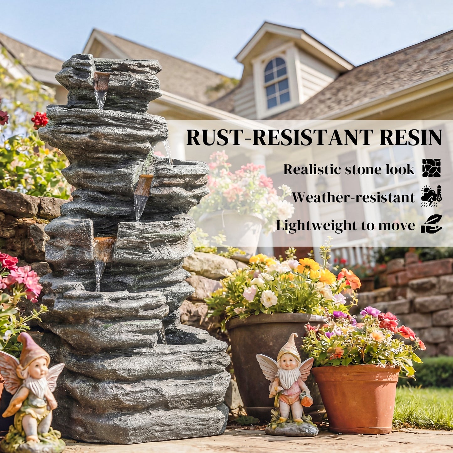 6-Tier Cascading Garden Water Fountain | LED Lights | Resin | Grey | 101.5cm