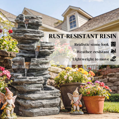 6-Tier Cascading Garden Water Fountain | LED Lights | Resin | Grey | 101.5cm