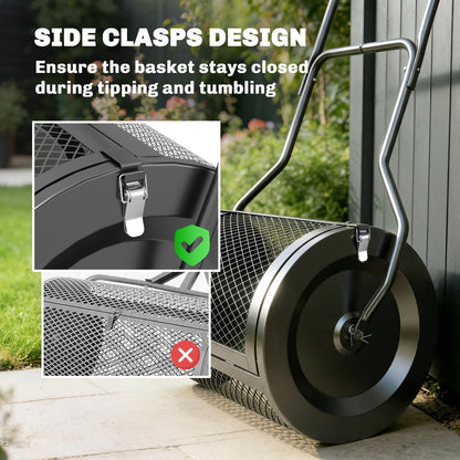 75L Compost & Peat Moss Spreader | 20" Rolling Barrel | Detachable U-Handle | Metal Mesh Door | Rust-Proof Powder-Coated | Garden Lawn | Black