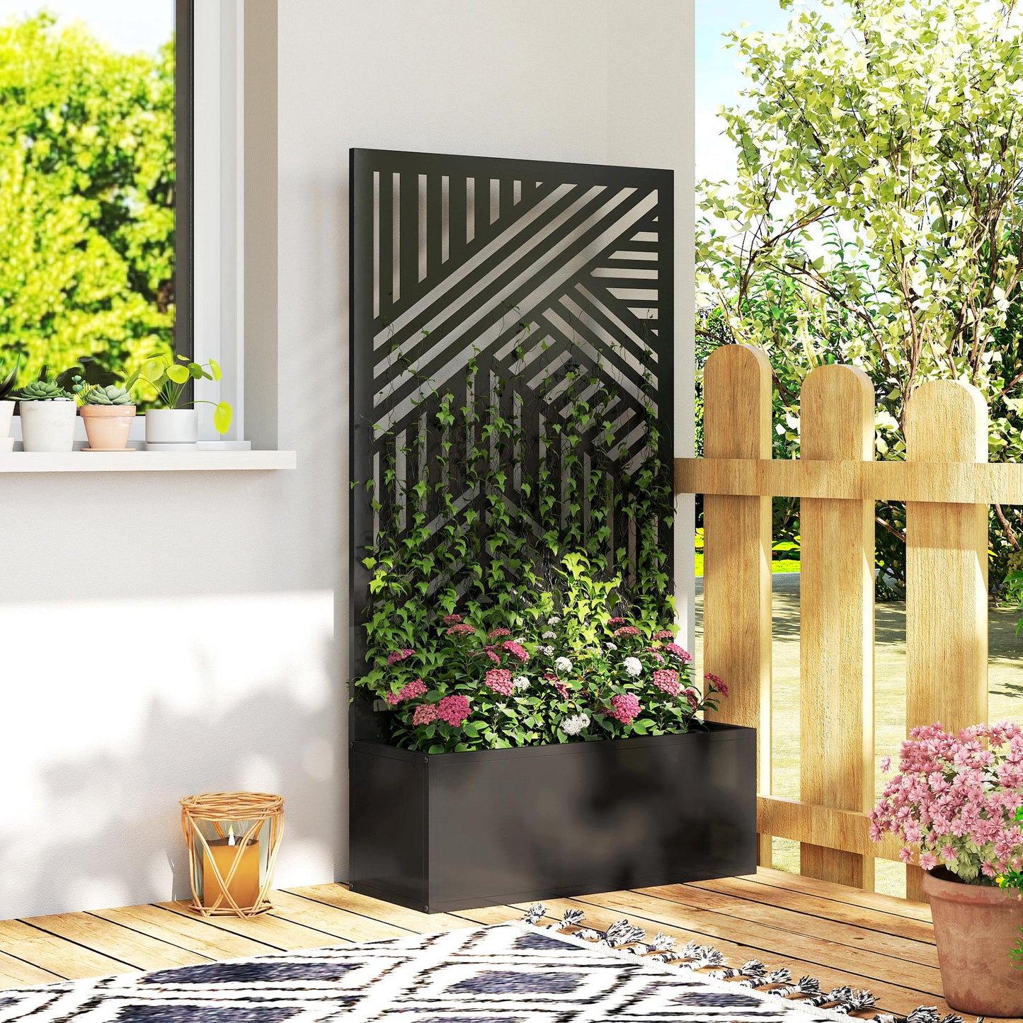 Metal Raised Garden Bed with Geometric Slatted Trellis & Privacy Screen | Powder-Coated | 20L Soil Capacity | 30kg Max | Patio Balcony & Garden | 61x23x113cm | Black