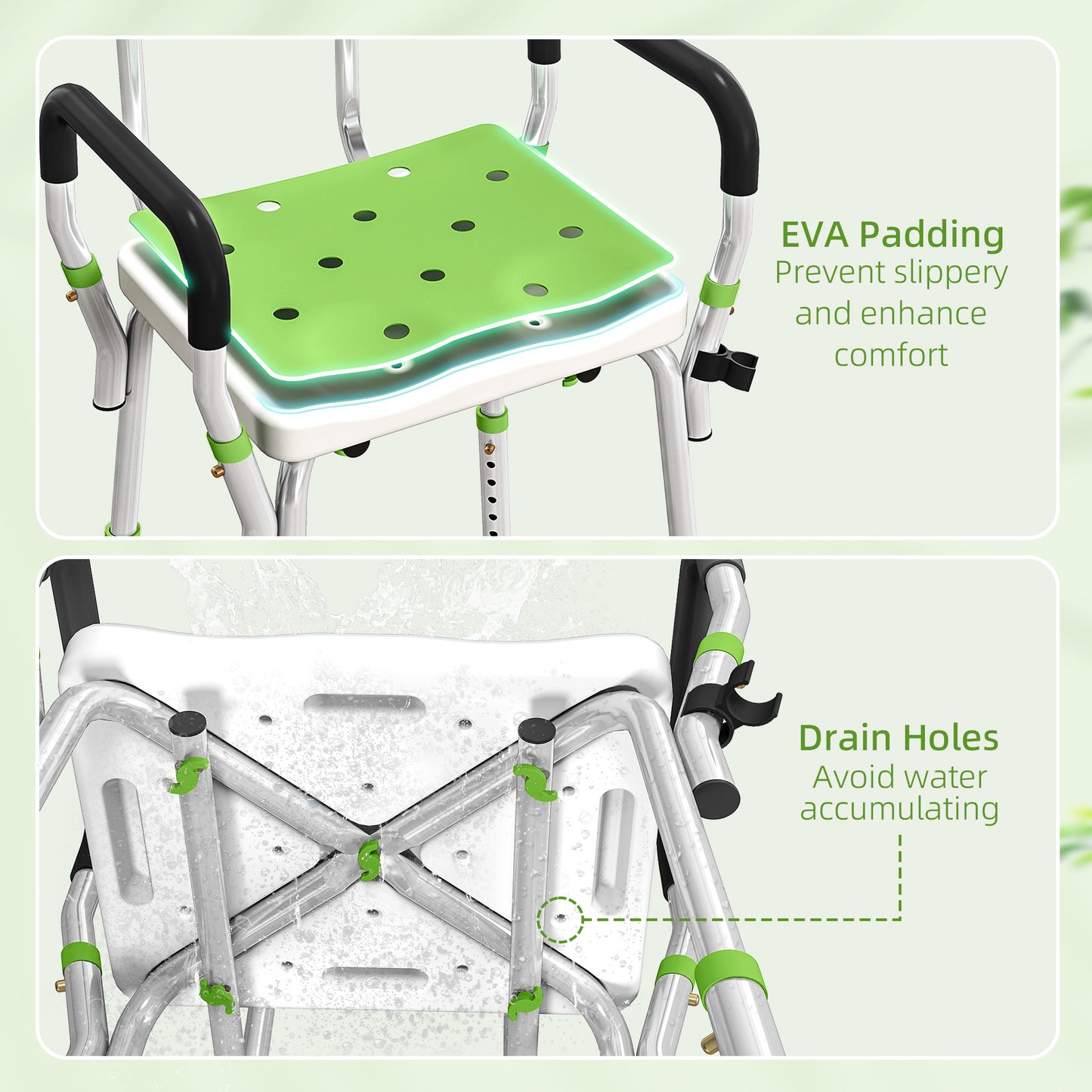 EVA Padded Shower Chair, Height Adjustable Shower Stool With Back and Arms, 4 Suction Foot Pads, Green