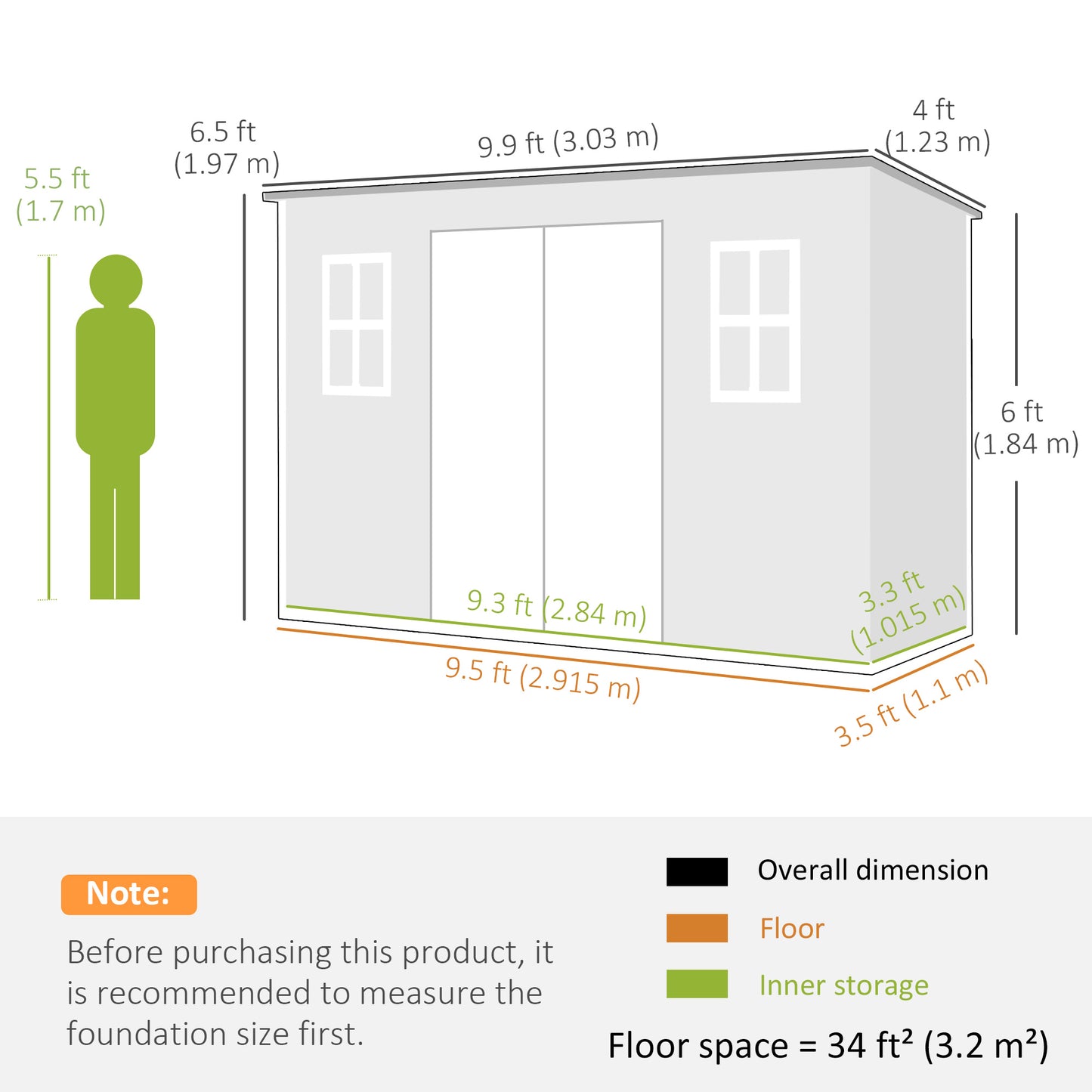 Large PP & Aluminium Garden Storage Shed | Built-In Floor | Double Doors | Lock & Keys | 2 Windows | 2 Vents | UV-Resistant | 40kg/m² Snow Load | 303x123x197cm | 3.2m² | Mowers Bikes & Tools | Grey